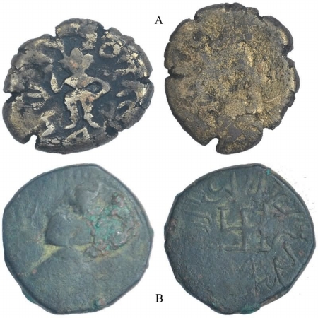 A. Mathura, uniface coin bearing the names Jyeshthamitra and Jyeshthabhuti - Obv. – Goddes