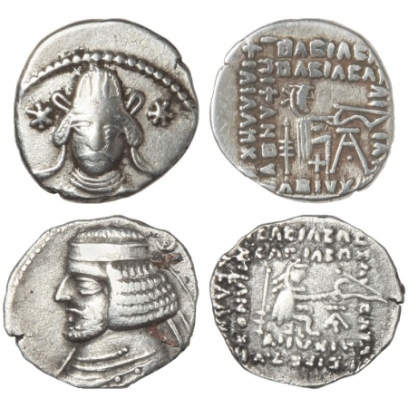 Vonones II Parthian, Silver (2), Drachm, obv. facing bust, wearing headdress with ear piec