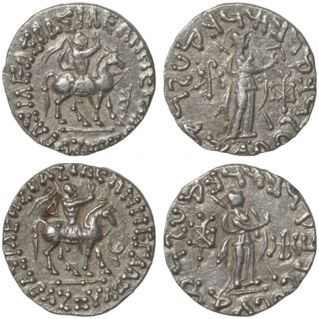 Indo Scythian, Silver (2), Teradrachm, 9.7g each, obv. king holding whip, mounted on horse