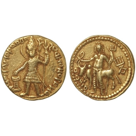 Kushan Empire, Vasudeva, Gold Dinar, 7.4g, Crowned, diademed king standing facing, nimbate
