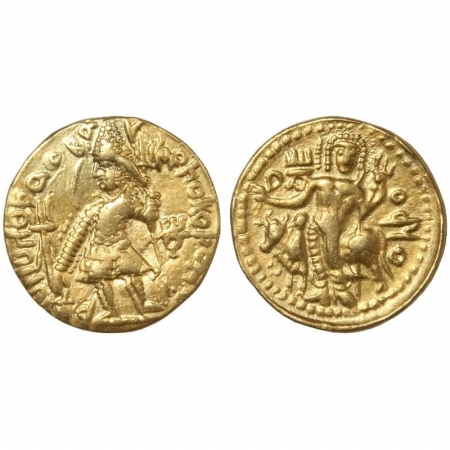 Kushan Empire, Vasudeva 2nd , Crowned, Gold Dinar, 7.5g, diademed king standing facing, ni
