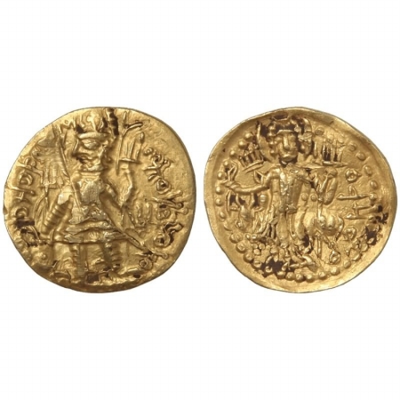 Kushan Empire, Vasudeva 2nd, Crowned, Gold Dinar, 8g, diademed king standing facing, nimba