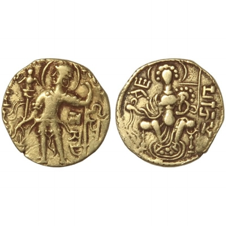 Samudragupta, Standard type Gold Dinar, 7.5g, King nimbate, standing left, holding a royal