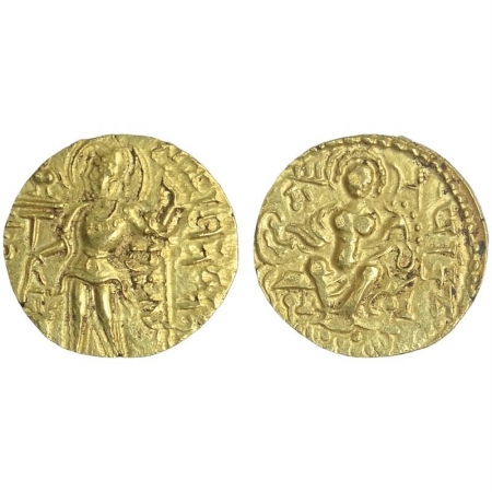 Samudragupta, Standard type Gold Dinar, 7.6g, Class 1, Var D. obv. King standing and holdi