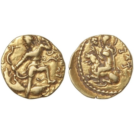 Chandragupta II, Lion Slayer Type Gold Dinar, 7.7g, obv. Armored King facing left, wearing