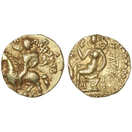 Kumara Gupta, Horseman type Gold Dinar, 8g, Class II, Var B (with weapons) King with beade