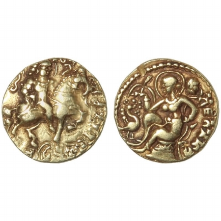 Kumara Gupta, Horseman type Gold Dinar, 8.1g, Class II, Var A, obv. King with wig like hai