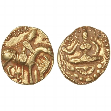 Prakasaditya, Horseman Lion Slayer type Gold Dinar, 9.4g, obv. shows the King riding a cap