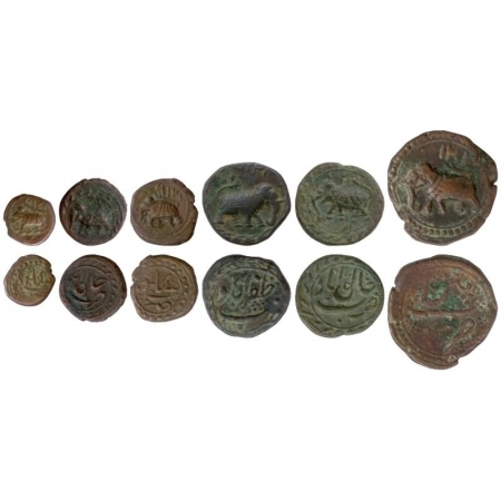 Mysore, Tipu Sultan, Collection of 60 Different Copper Coins, 1/8 Paisa (1), 1/4 Paisa (9)