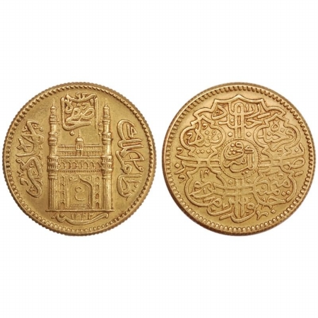 Hyderabad, Gold Ashrafi, 11.2g, Mir Usman Ali Khan, full Ain type, AH 1342, RY 14. (Y 57A)