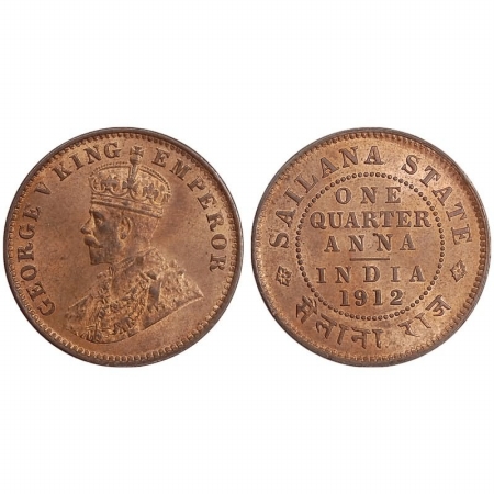 Sailana, Copper 1/4 Anna, Regal issue in the name of George V, AD 1912, (KM 16). About Ext