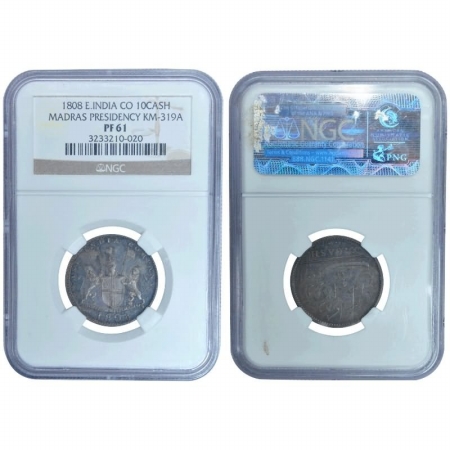 Madras Presidency, Silver Proof 10 cash, AD 1808, Obv. Arms of East India Co., Rev. value 