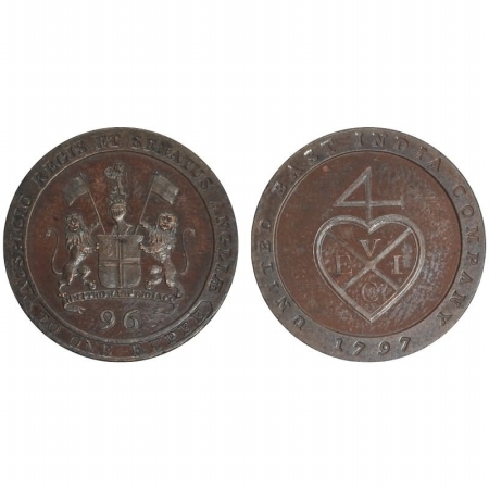 Madras Presidency, Copper Proof 1/96 Rupee (1/2Dub), AD 1797, Plain edge, (KM 392) Proof. 