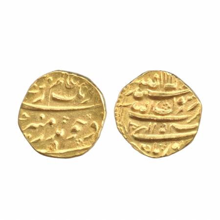 Aurangzeb, Mule Gold Mohur, 10.99g, (die error) Obv: Aurangzeb type Rev:, Shah Jahan Kalim