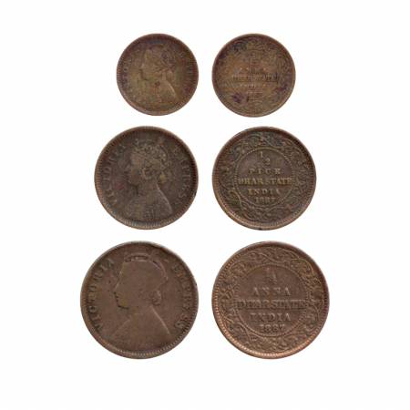 Dhar (3), Copper 1/12 Anna, 1/2 Pics, 1/4 Anna, AD 1887. (3 Coins) Very Fine, Scarce as a 