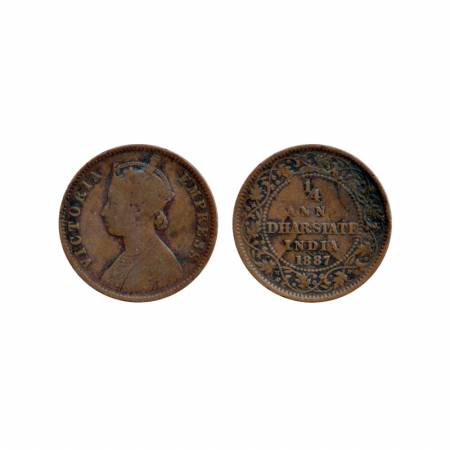 Dhar, Copper ¼ Anna, Obv: Portrait of Victoria Empress, AD 1887, Rev: ghost image of Victo