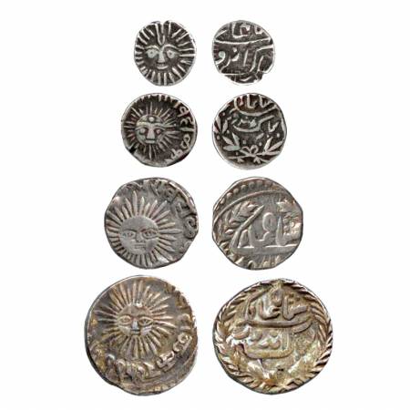Indore (4), Silver 1/8 Rupee, ¼ Rupee, ½ Rupee and Rupee, Big Sun type, in the name of Sha