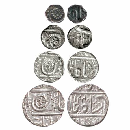 Indore (4), Silver 1/8 Rupee, ¼ Rupee, ½ Rupee and Rupee, In the name of Shah Alam II, Mal