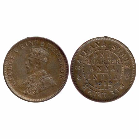 Sailana, Copper 1/4 Anna, Regal issue in the name of George V, AD 1912, (KM 16). Very Fine