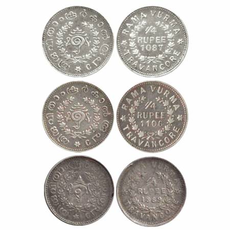 Travancore, Rama Varma VI, Silver ¼ Rupee (3), Date ME 1087 , 1106, third coin is AD 1889 