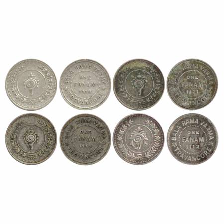Travancore, Bala Rama Varma II, Silver Fanam (4), Date 1112, 1116, 1118 and 1121, (KM 61 a
