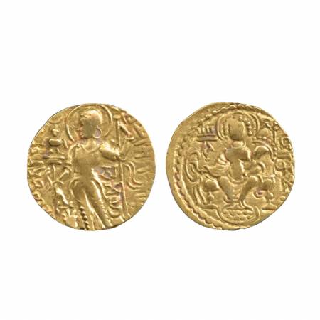 Samudragupta, Standard Type, Gold Dinar, 7.60g, Obv: King standing and holding a royal sce