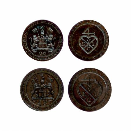 Madras Presidency (2), Copper Proof Dub (1/48 Rupee) and ½ Dub (1/96 Rupee), AD 1794 Obv: 