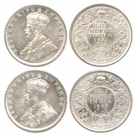 George V, Silver ½ Rupee (2), Calcutta Mint, 1921 and 1933, (PR 324, 333)(2 Coins) Scarce,