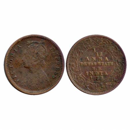 Dewas, Senior Branch, Copper 1/12 Anna, AD 1888, Portrait of Victoria Empress, (KM 11). Ve