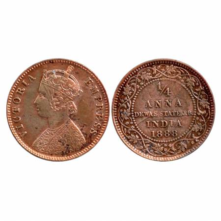Dewas, Junior Branch, Copper 1/4 Anna, AD 1888. Obv: Portrait of Victoria Empress Rev: Val
