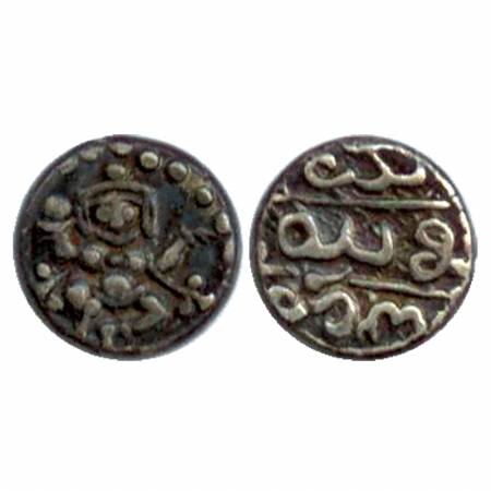 Mysore, Krishna Raja Wodeyar, Silver 1/3 Pavali, 0.90g. Obv: dancing figure (Chamundi), Re