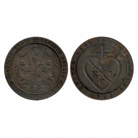 East India Co., Madras Presidency, Copper 1/48 Rupee, (DUB) AD 1797. Obv: E.1.c Co. Arms l