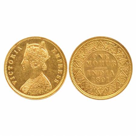 Victoria Empress, Gold One Mohur, Calcutta Mint, 1891, Two flower type and 'V' in relief. 