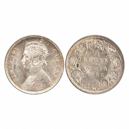 Victoria Queen, Silver 1/4 Rupee, Calcutta Mint, 1862, A/I/No mm. Extremely Fine with orig