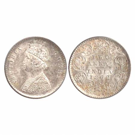 Victoria Queen, Silver Two Annas, Calcutta Mint, 1862, A/I/No mm. (PR 485) Rare, UNC.