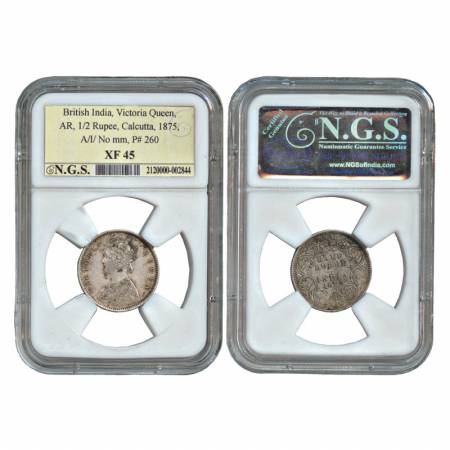 Victoria Queen, Silver 1/2 Rupee, Calcutta Mint, 1875, A/I/ No mm. (PR 260) Graded F 12 by