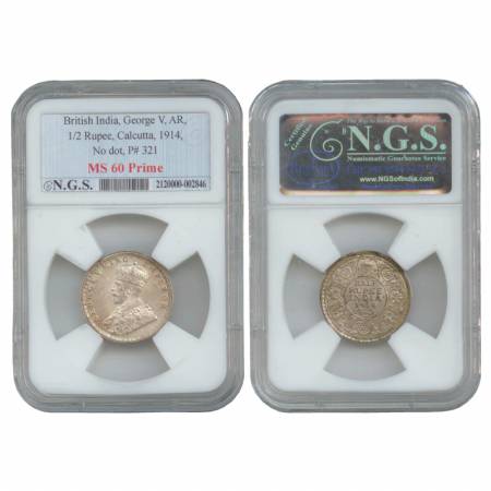 George V, Silver 1/2 Rupee, Calcutta Mint, 1914. (PR 321) Graded MS 60 by NGS of India.