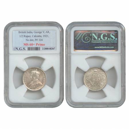 George V, Silver 1/2 Rupee, Calcutta Mint, 1921. (PR 324) Graded MS 60+ by NGS of India.