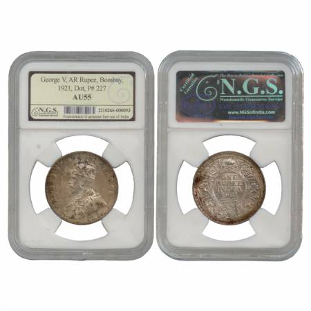 George V, Silver, Rupee, Bombay Mint, 1921, Graded AU 55 by NGS of India. (PR 227) With Ce