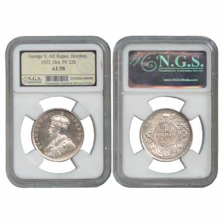 George V, Silver, Rupee, Bombay Mint, 1922, Dot mint mark, Graded AU 58 by NGS of India. (
