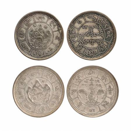 Tibet, Silver, 10 Srangs (2), Moon and Sun type. Very Fine. (2 Coins) Very Fine