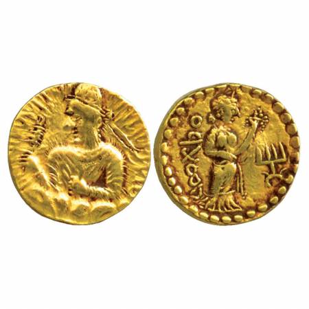 Kushans, Huvishka (c. 155-190AD), Gold Stater, 'Ardokhsho' type, Goebl 331, 7.95g. Obv: cr