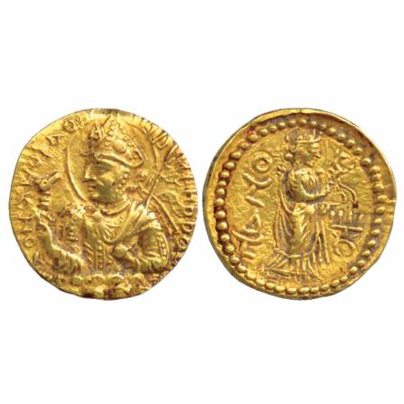 Kushans, Huvishka (c. 155-190AD), Gold Stater, 'Nana' type, Goebl 356, 7.91g. Obv: Helmete