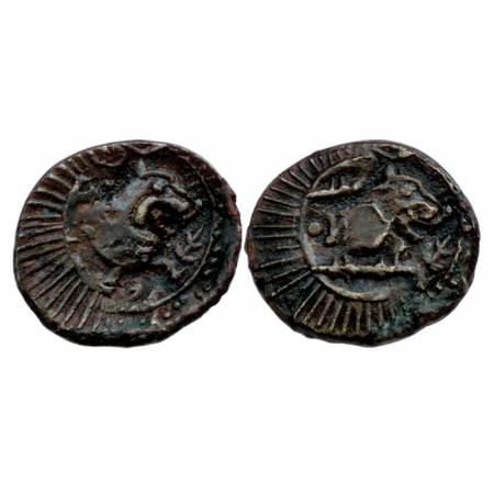Vishnukundin, Copper, 8.9g, Lion facing to right on obv: double struck on both sides. Very