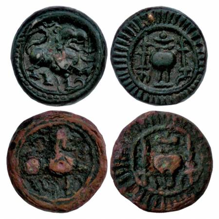 Vishnukundin, Copper Base Alloy (2). Obv: Lion facing to right upraised paw Rev: conch she
