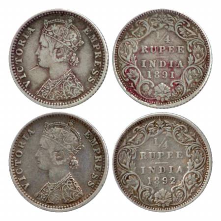 Victoria Empress, Silver ¼ Rupee (2), Bombay Mint, 1891, C/I/'B' incused and 1892, C/I/'B'