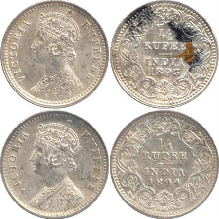 Victoria Empress, Silver ¼ Rupee (2), Calcutta Mint, 1893, C/II/'C' incused & 1894, C/II/'