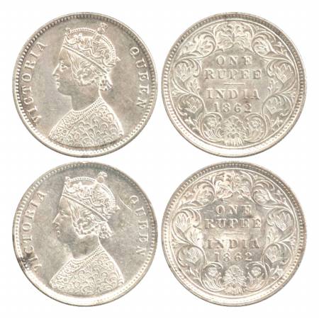 Victoria Queen, Silver Rupee (2), 1862, Calcutta Mint, A/I/0/0, first with crescent and se