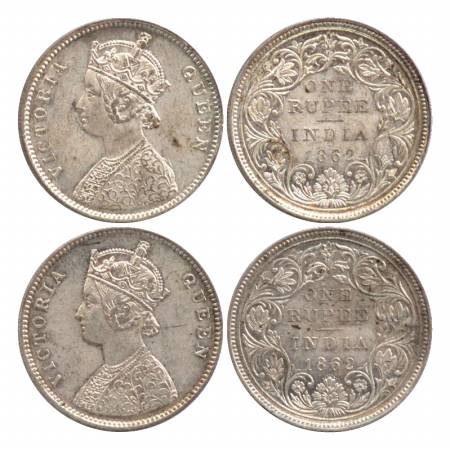 Victoria Queen, Silver Rupee (2), 1862, Bombay Mint, A/II/0/6 & A/II/0/7. (Pr. 86, 87) (2 