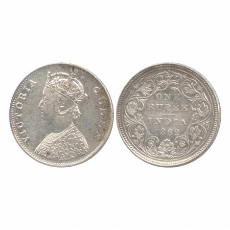 Victoria Queen, Silver Rupee, 1862, Madras Mint, B/II/0/0, crown pearls long elongated. (P